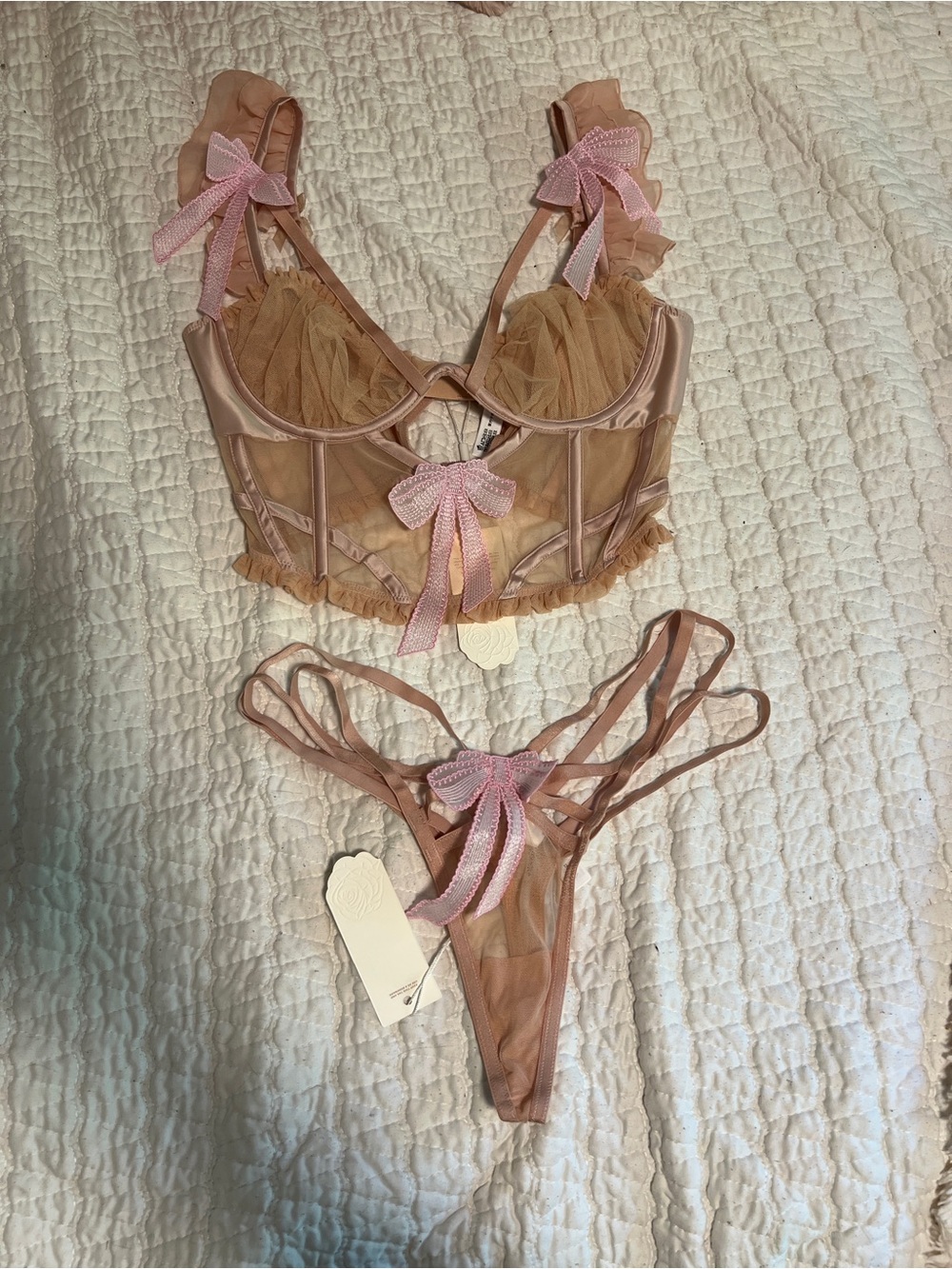 For Love And Lemons Sheer Nude-Tan Bralette & Strappy Thong with Pink Bows